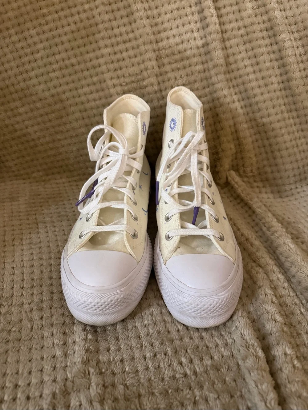Converse High-Top Canvas Sneakers in Cream with Blue Star & Moon Print